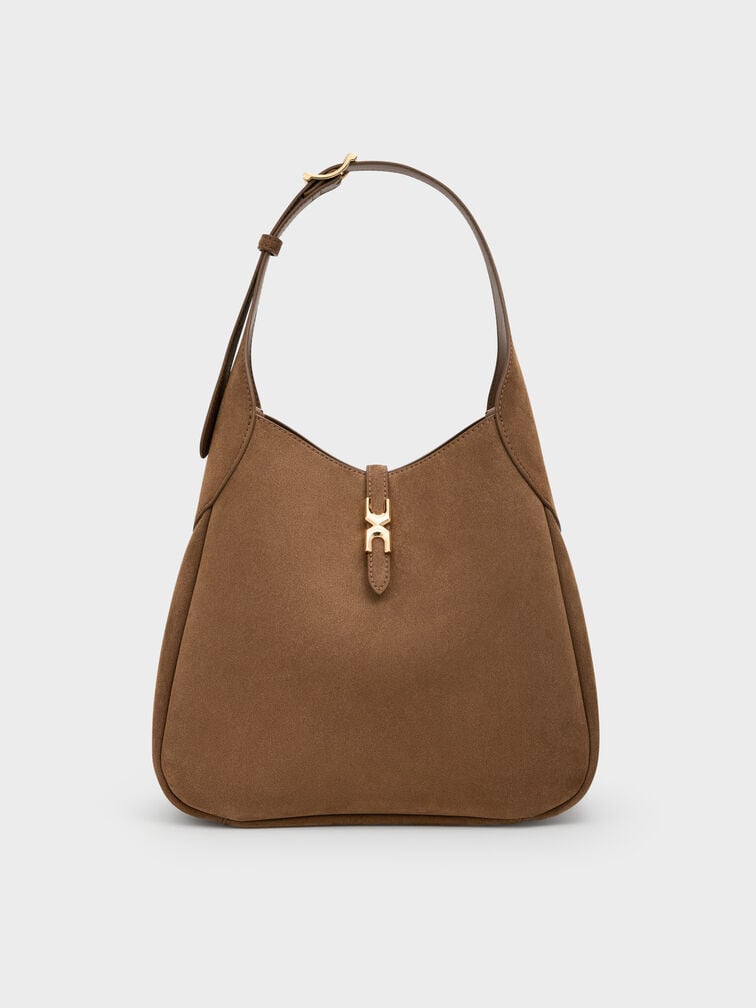 Adalyn Recycled Suede Metallic-Buckle Belted Hobo Bag, Mocha Brown, hi-res