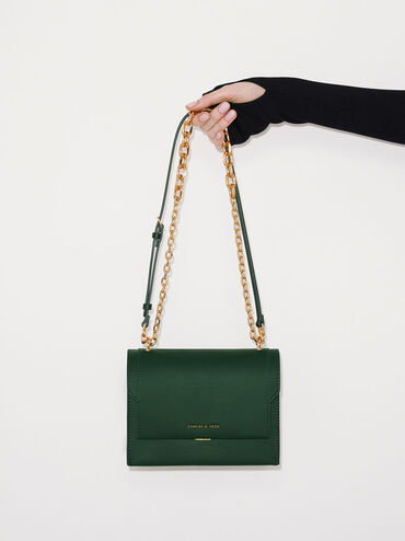 Front Flap Chain Handle Crossbody Bag, Dark Green, hi-res