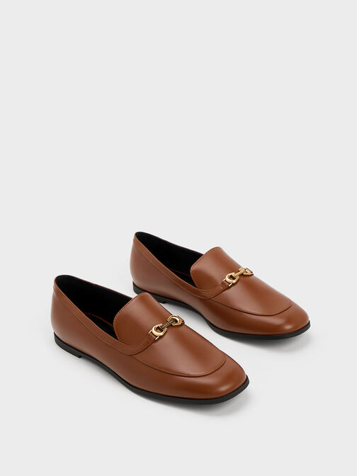Metallic Accent Round-Toe Loafers, Brown, hi-res