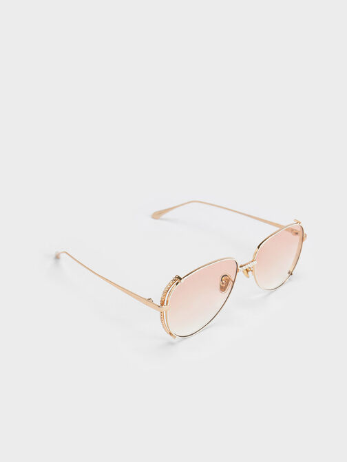 Gem-Embellished Wireframe Aviator Sunglasses, Cream, hi-res