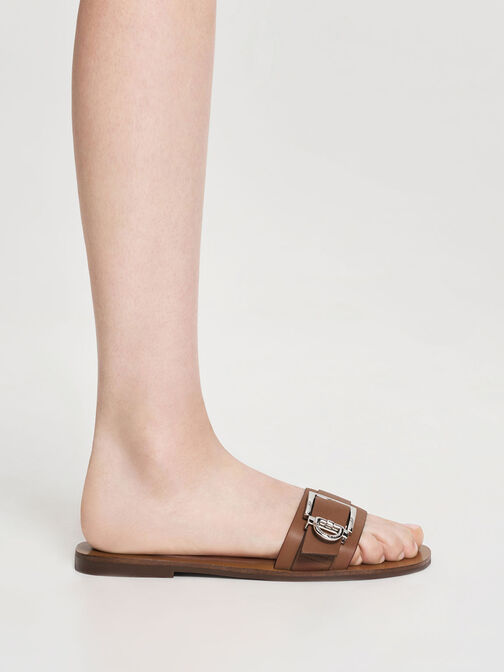 Metallic Buckle Slides, Brown, hi-res