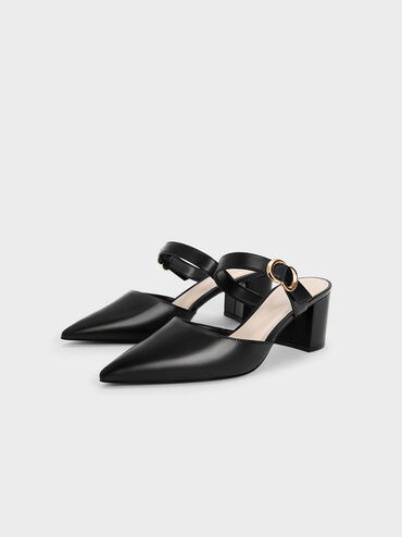 Metallic Accent Pointed-Toe Block-Heel Mules, Black, hi-res