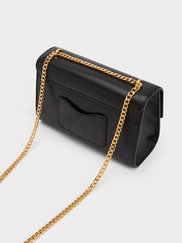Snake Print Metallic Accent Clutch, Black, hi-res