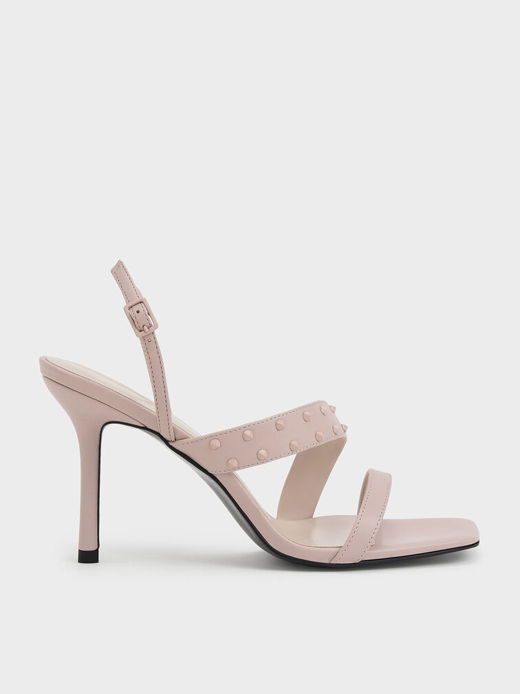 Studded Asymmetric Strap Stiletto Sandals, Light Pink, hi-res