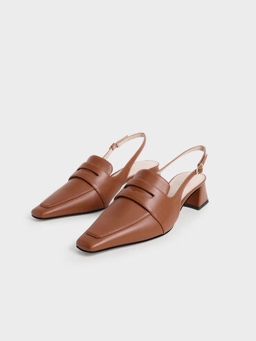Tapered Square-Toe Slingback Pumps, Cognac, hi-res