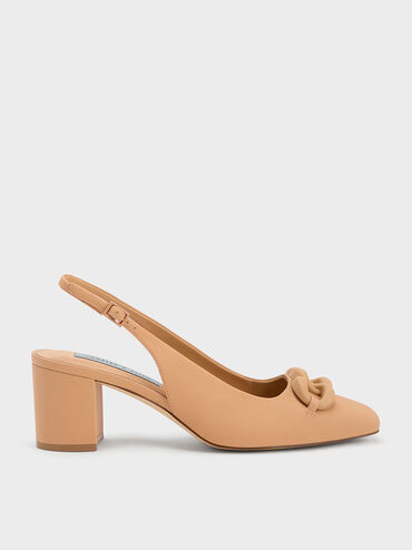 Chunky Chain-Link Slingback Pumps, Camel, hi-res