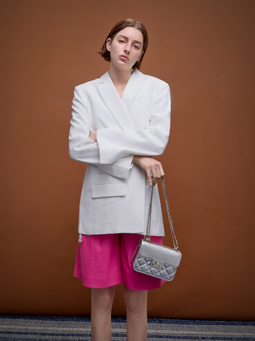 Alva Metallic Quilted Chain-Handle Bag, Silver, hi-res