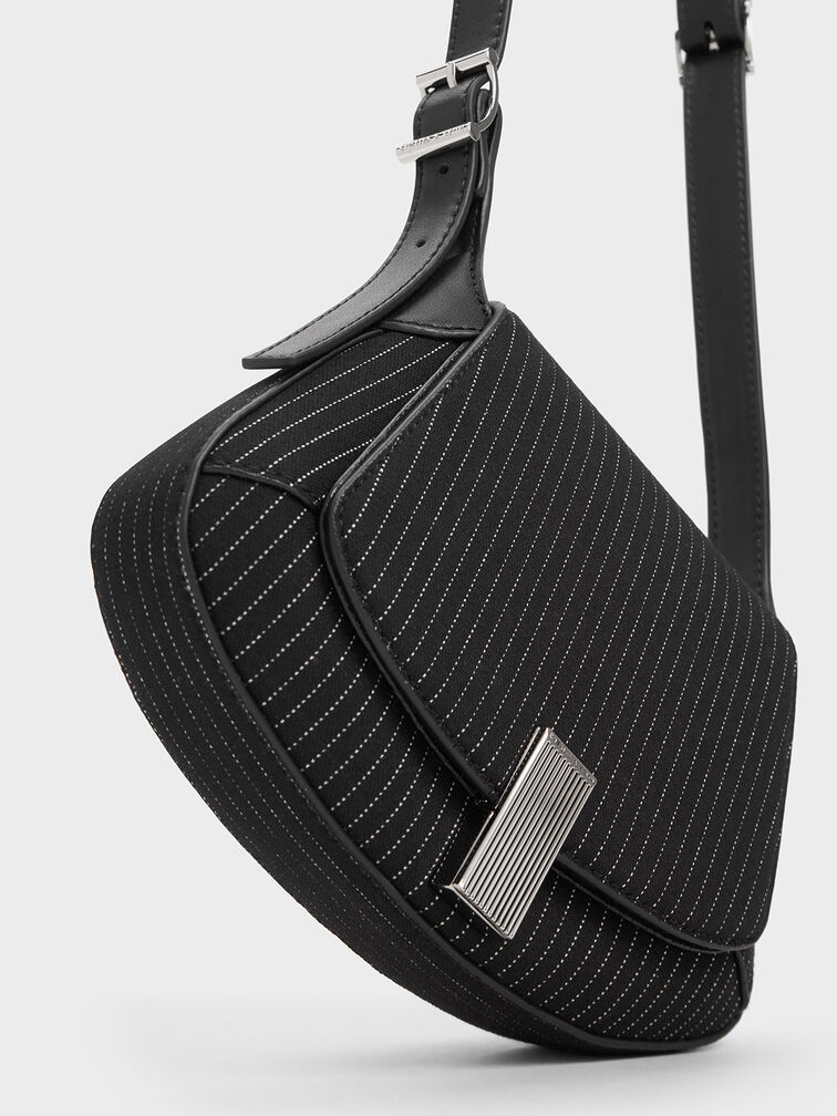 Striped Metallic-Accent Curved Top Handle Bag, Dark Grey, hi-res