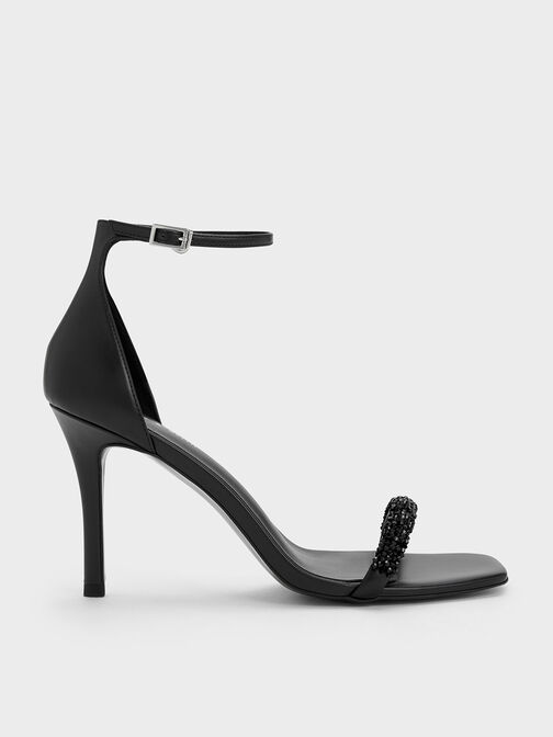 Beaded Strap Heeled Sandals, Black, hi-res