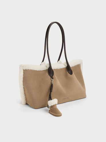 XL Cosima Fur-Trim Tote Bag, Sand, hi-res