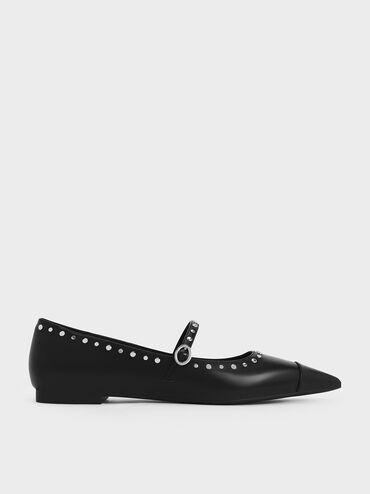 Studded Pointed-Toe Mary Jane Flats, Black, hi-res