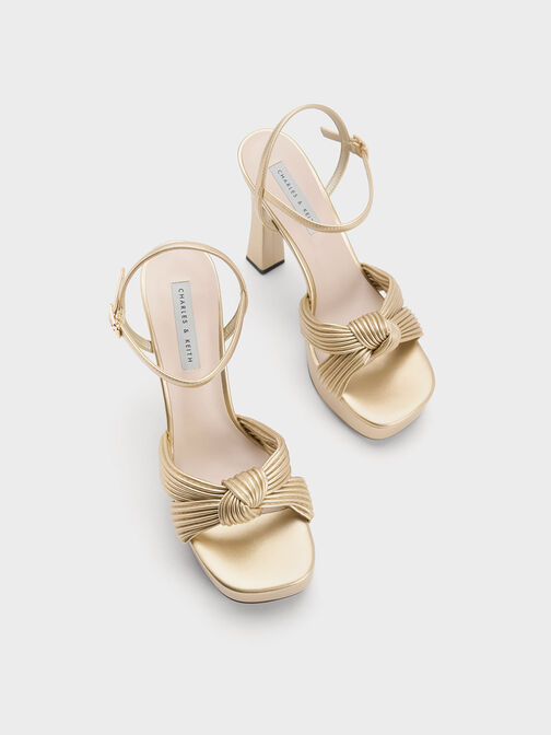 Pleated Knotted Platform Sandals, Gold, hi-res