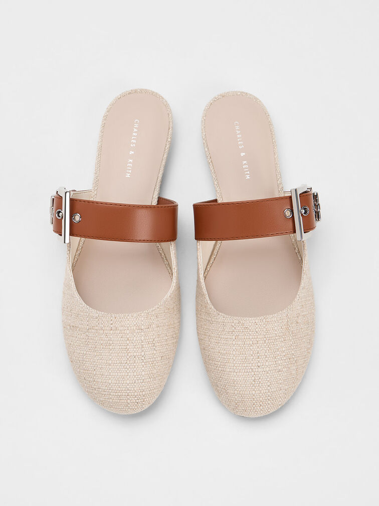 Buckled Strap Linen Mules, Beige, hi-res