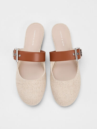 Buckled Strap Linen Mules, Beige, hi-res