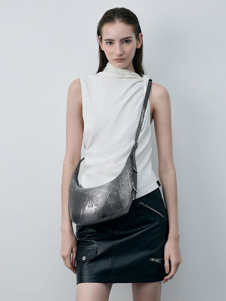 Bryna Denim Curved Hobo Bag, Silver Brushed Denim, hi-res