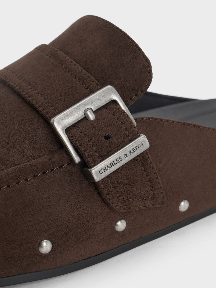 Faux Suede Studded Buckled Flat Mules, Dark Brown Textured, hi-res