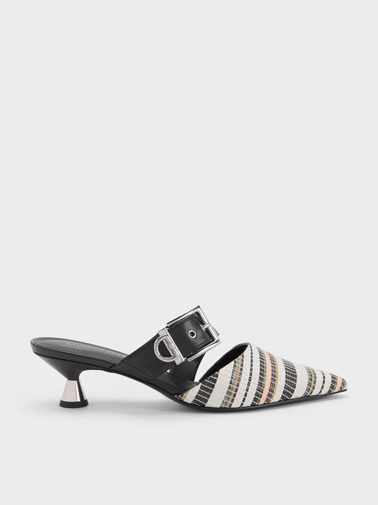Asymmetric Buckle Striped Heeled Mules, Multi, hi-res