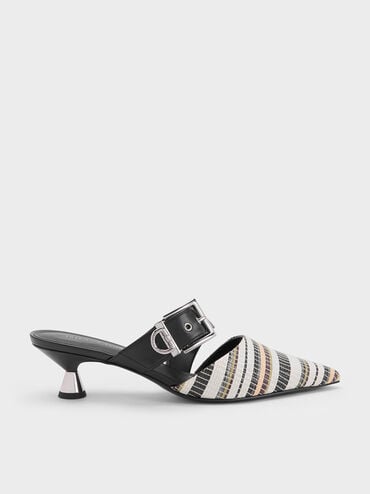 Asymmetric Buckle Striped Heeled Mules, Multi, hi-res
