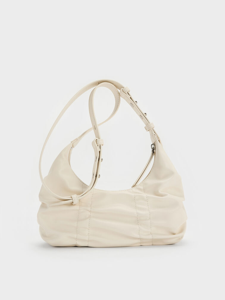 Kadee Ruched Bow-Charm Hobo Bag, Cream, hi-res