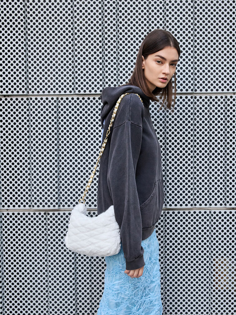 Duo Furry Quilted Crescent Bag, White, hi-res