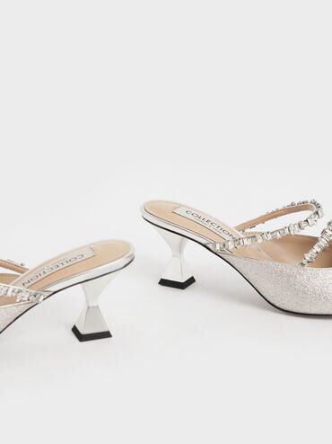 Wedding Collection: Gem-Encrusted Metallic Glittered Mules, Silver, hi-res