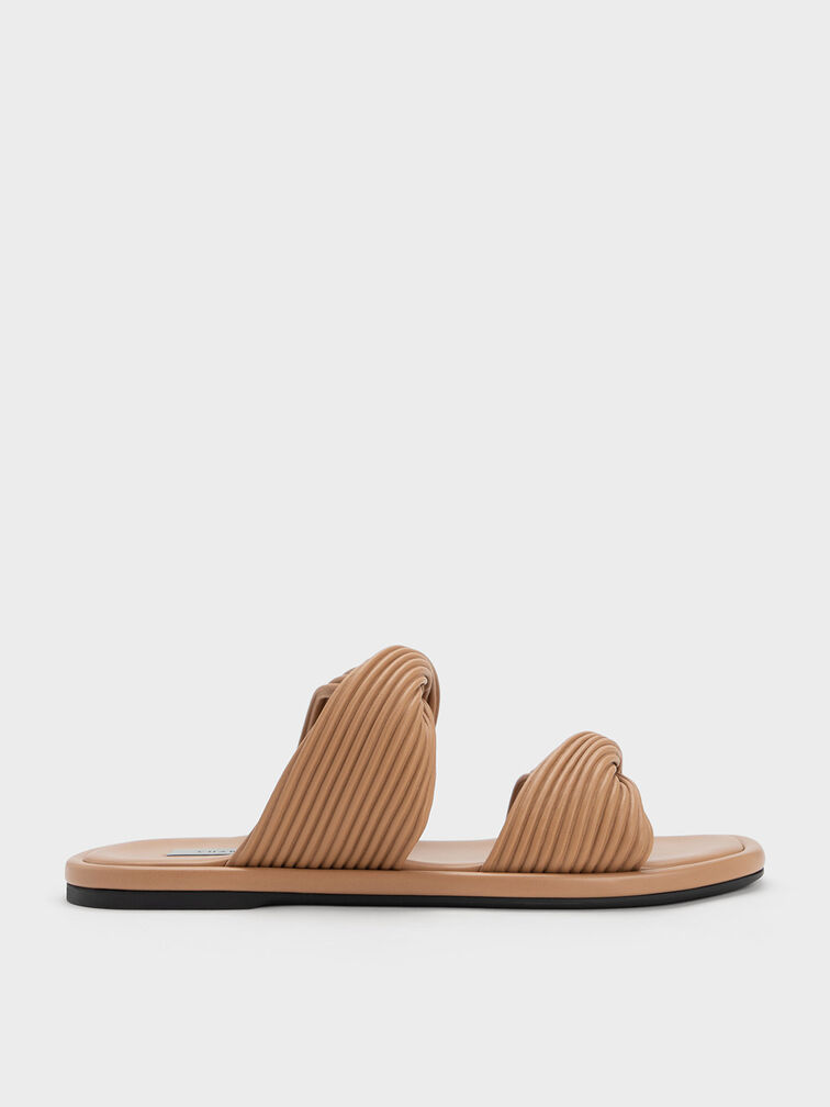 Pleated Twist Strap Slides, Sand, hi-res