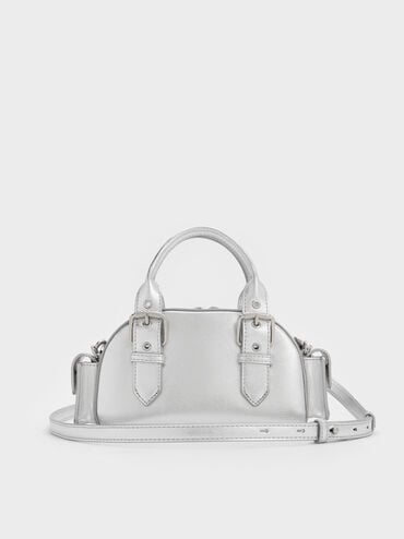Blaise Metallic Buckle-Strap Side-Pocket Bowling Bag, Silver, hi-res