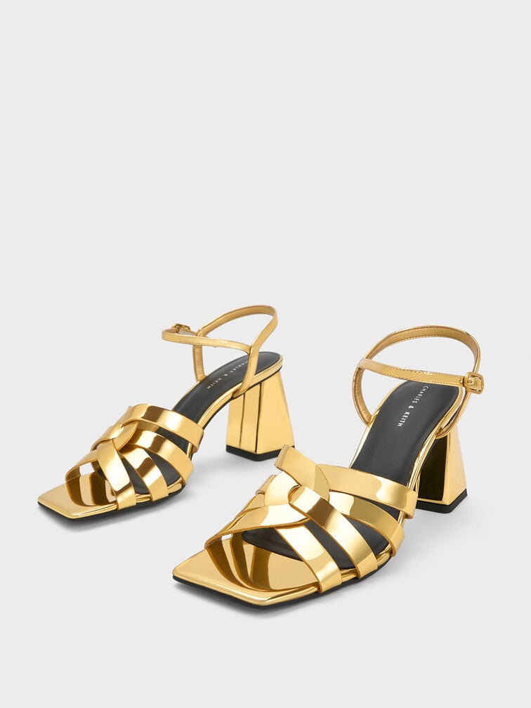 Interwoven Metallic Block Heel Sandals, Gold, hi-res