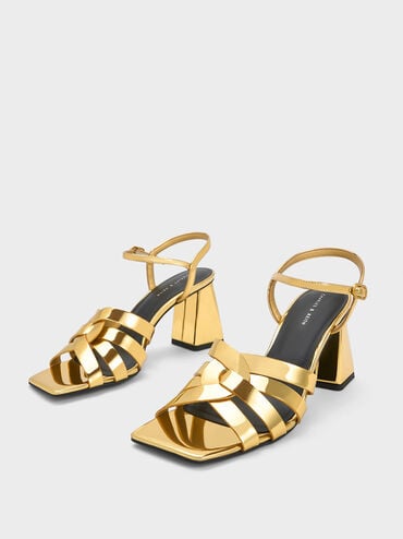 Interwoven Metallic Block Heel Sandals, Gold, hi-res