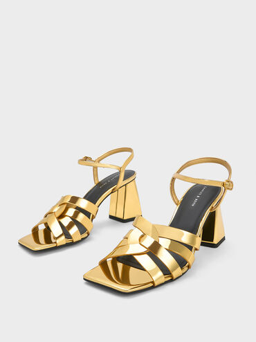 Interwoven Metallic Block Heel Sandals, Gold, hi-res