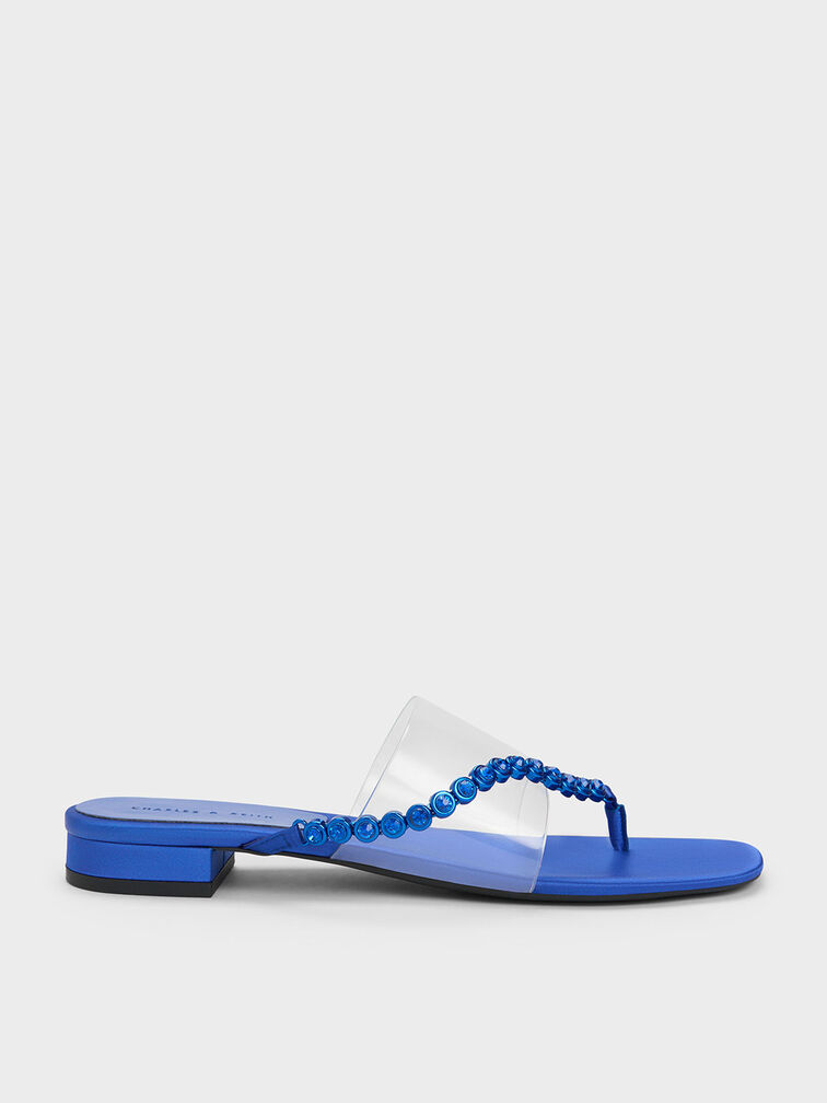 Recycled Polyester Gem-Strap Thong Sandals, Blue, hi-res