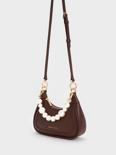 Beaded Handle Hobo Bag, Dark Brown, hi-res