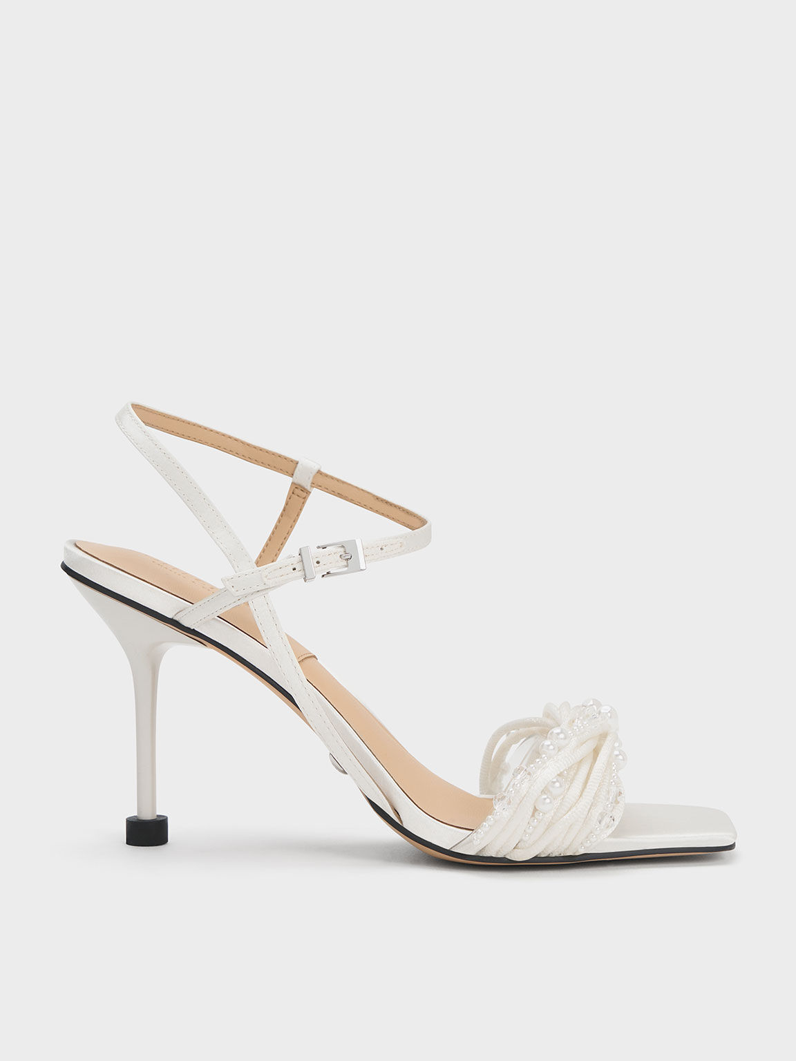 Leda Beaded Asymmetric Satin Sandals White