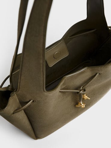 Mila Recycled Suede Metallic-Knot Drawstring Tote Bag, Deep Olive, hi-res