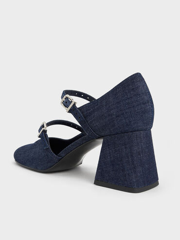 Denim Double-Strap D'Orsay Pumps, Dark Blue, hi-res