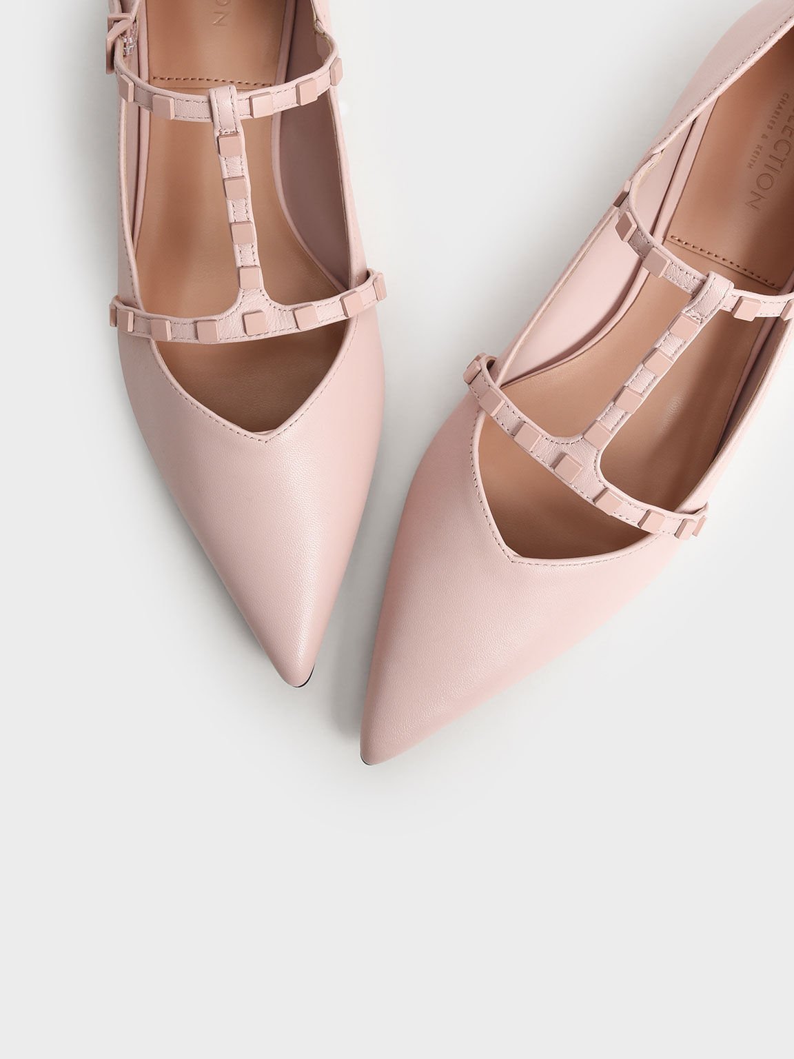 Pink Leather Embellished Strappy Ballerina Flats CHARLES KEITH IN