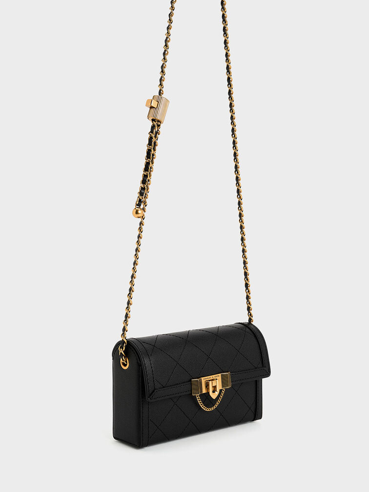 Tallulah Quilted Push-Lock Clutch, Black, hi-res