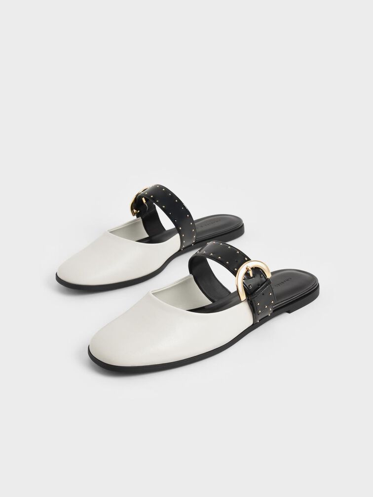Studded Buckled Flat Mules, Chalk, hi-res