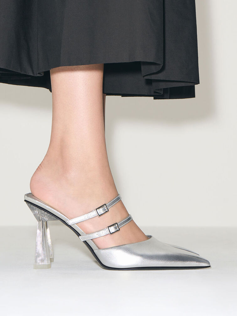 Metallic Strappy Slant Heel Mules, Silver, hi-res