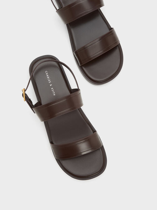 Buckled Double Strap Sandals, Dark Brown, hi-res