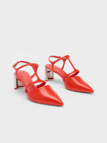Curved Heel T-Strap Pumps, Red, hi-res