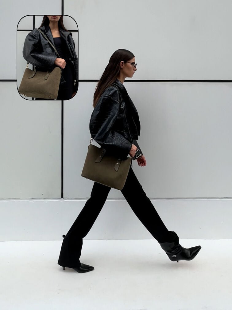 Shania Recycled Suede Tote Bag, Deep Olive, hi-res