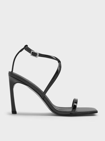 Patent Strappy Ankle-Strap Heeled Sandals, Black Patent, hi-res