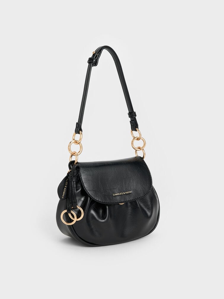 Britton Crinkle-Effect Ruched Saddle Bag, Black, hi-res