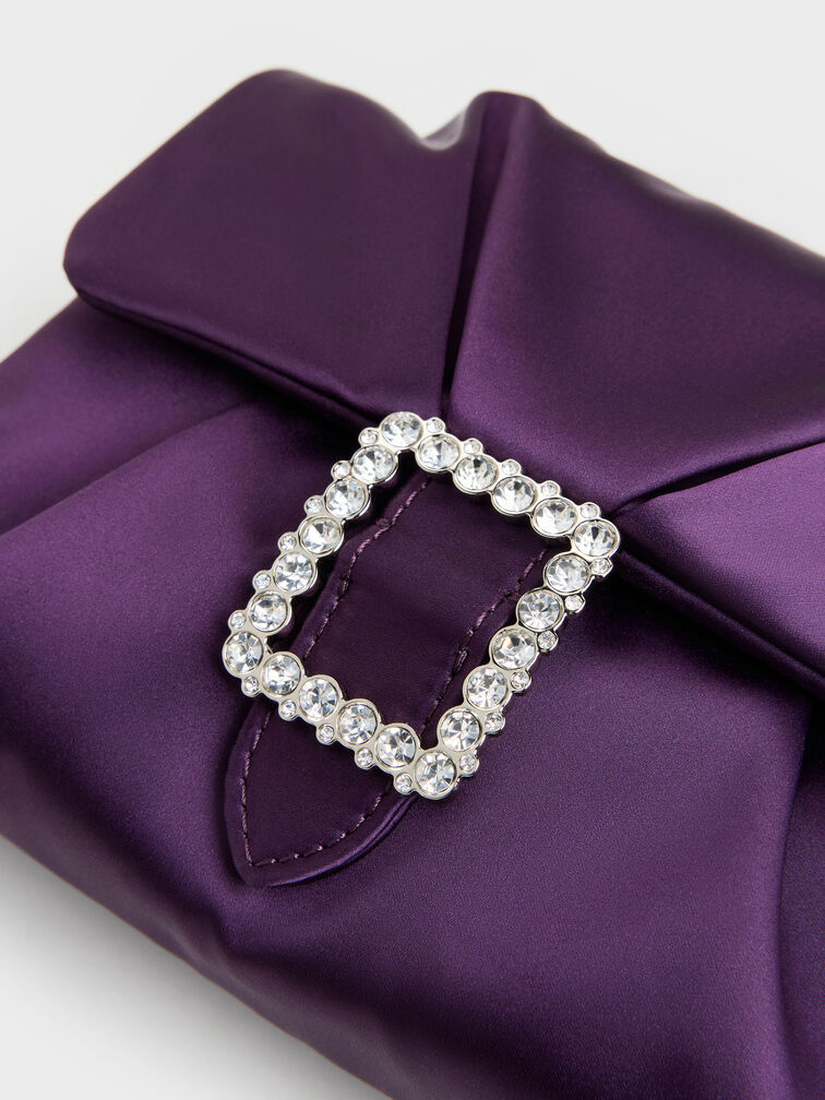 Judie Satin Crystal-Buckle Ruched Clutch Bag, Night Violet, hi-res