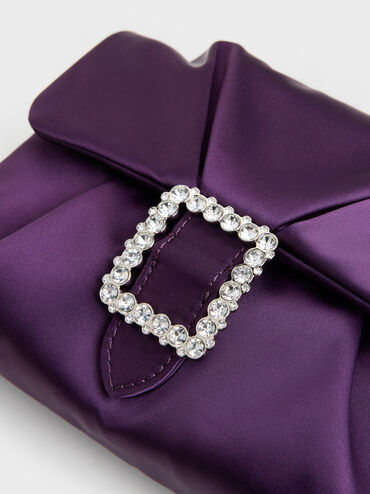 Judie Satin Crystal-Buckle Ruched Clutch Bag, Night Violet, hi-res