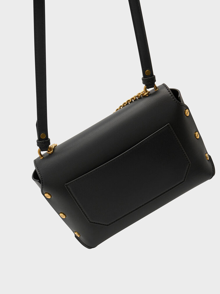 Screw Motif Front Flap Bag, Black, hi-res