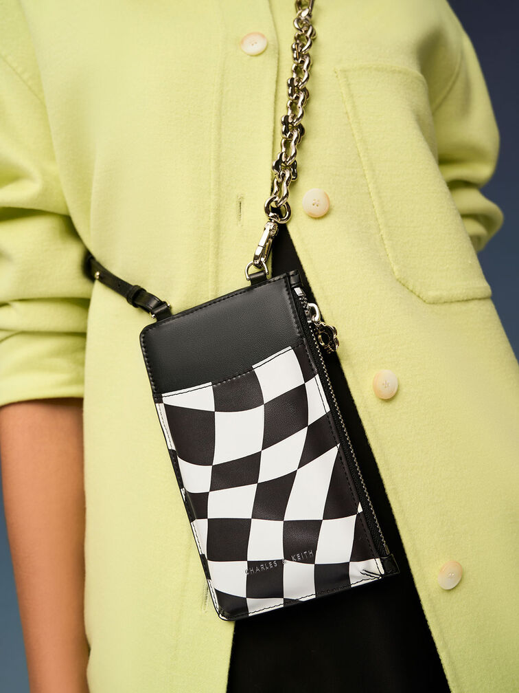 Minka Chain-Handle Checkered Card Holder, Black, hi-res