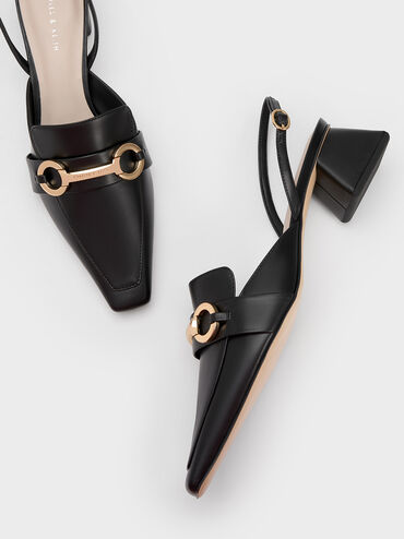 Metallic Bar Slingback Pumps, Black, hi-res