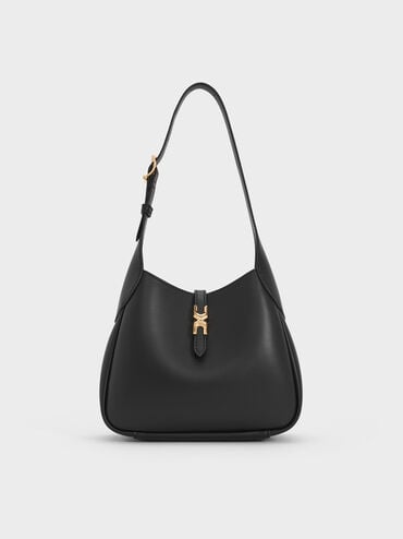 Mini Adalyn Metallic-Buckle Belted Hobo Bag, Black, hi-res